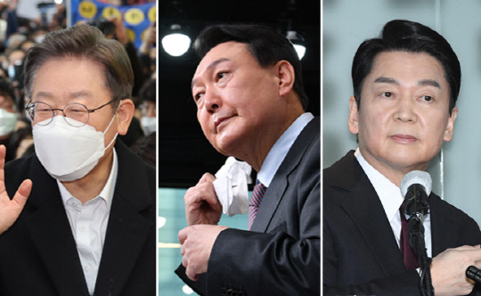 이재명(왼쪽부터) 더불어민주당 대선후보, 윤석열 국민의힘 대선후보, 안철수 국민의당 대선후보. 연합뉴스 사진 갈무리